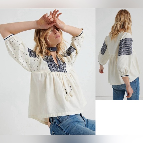 LUCKY BRAND EMBROIDERED 3/4 SLEEVE TOP, VINTAGE INSPIRED Sz. S. BOHO CHIC - Picture 1 of 16